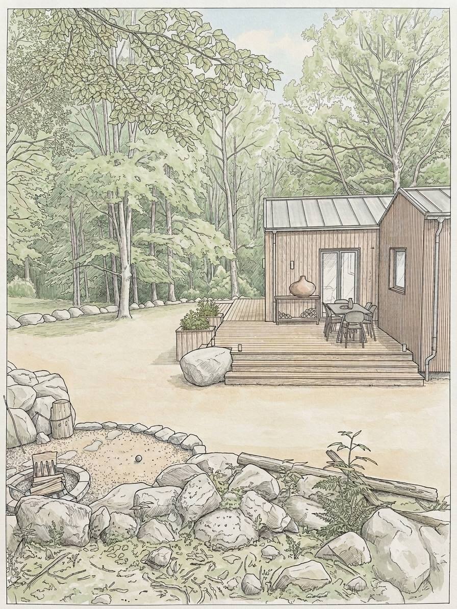 Tegning af ScandiSkogen — huset, terrassen og bålpladsen i skoven